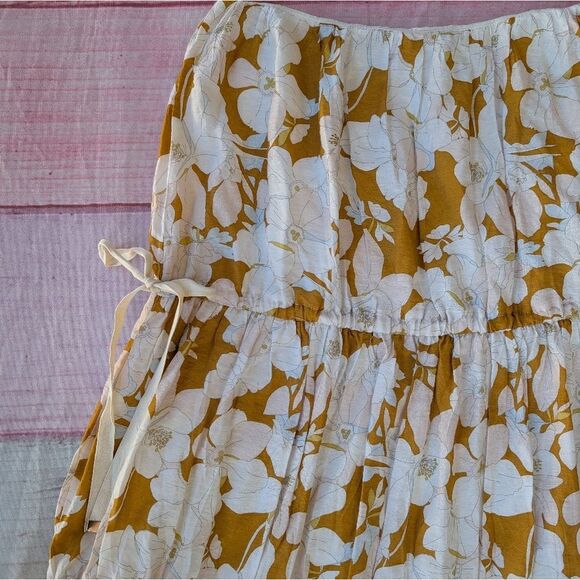 Anthro Mon Renn Magnolia Floral White and Yellow Women's Tiered Midi Skirt Large - Picture 2 of 6